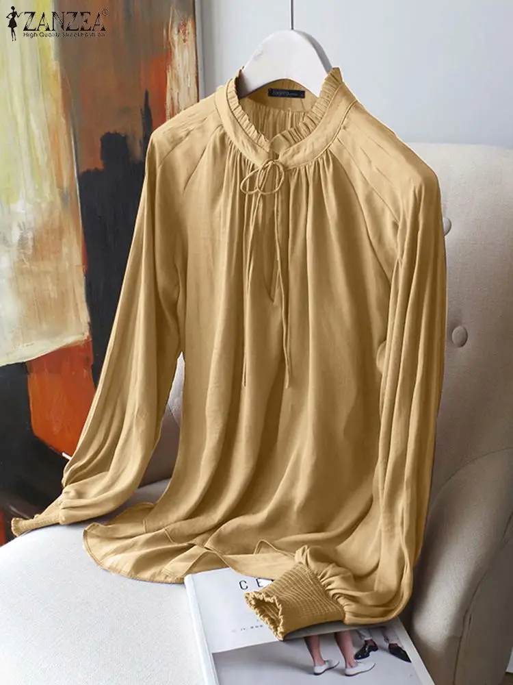 

ZANZEA Spring Women Office Work Tops Fashion Shirts Elegant Long Sleeve Ruffles Blouse Solid Lace Up Blusas Pleated Chemise