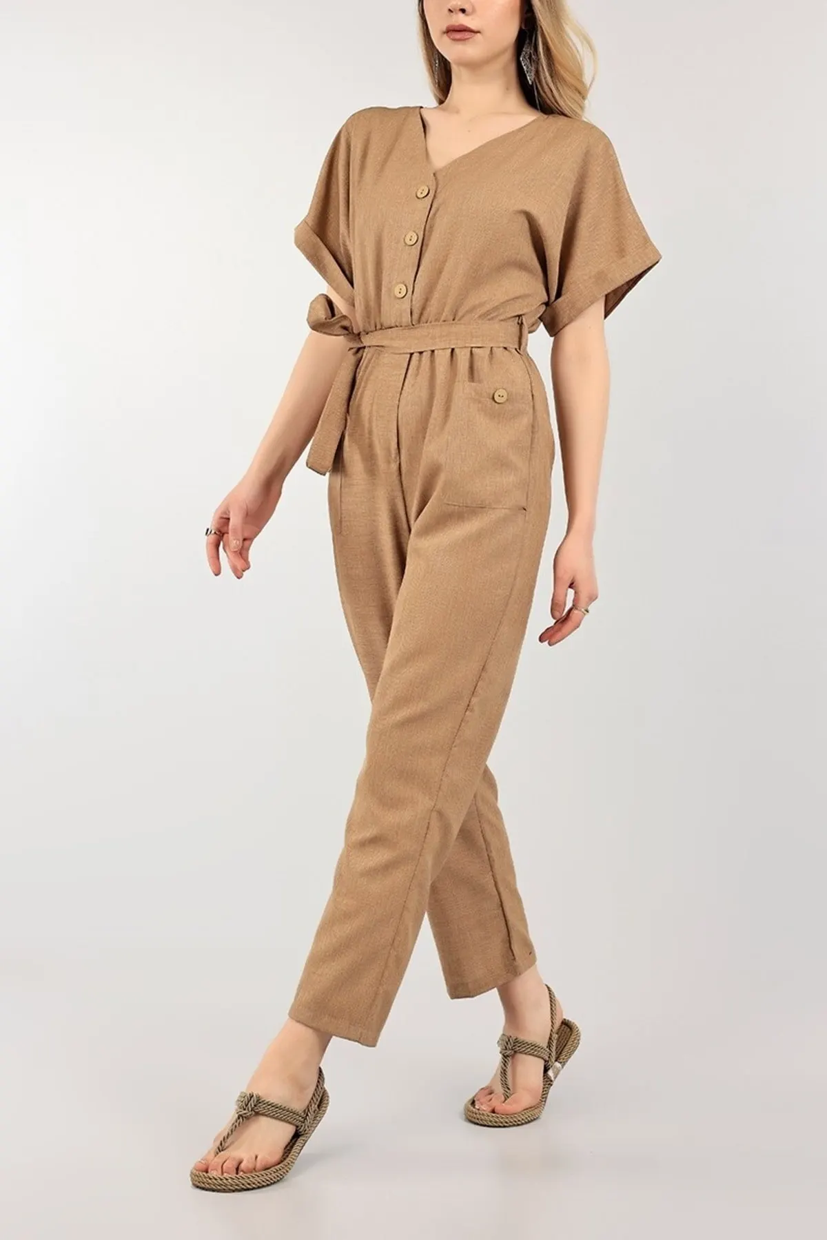 

Women's Overalls Mink Belted Pocket Detail Woven Linen Jumpsuit Hot Casual Fashion Sleeveless Baggy Trousers Jumpsuit