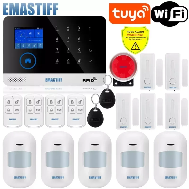 

NEW2023 Wireless Tuya APP SIM GSM Home RFID Burglar Security LCD Touch Keyboard WIFI GSM Alarm System Sensor kit Russian,Spanish