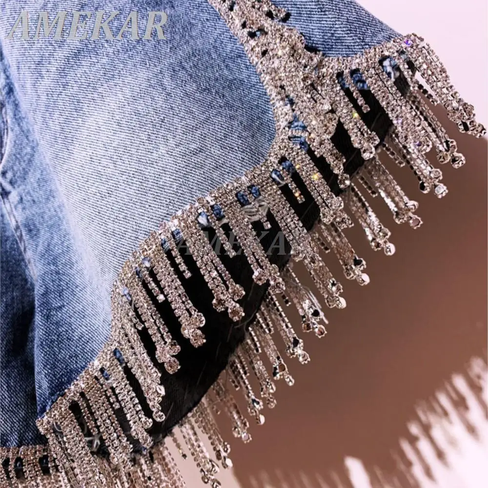 Women's Summer Fashion Short Jeans In Blue Crystal Rhinestones Tassel Straight High Waist Denim Shorts Lady Sexy Clubwear Shorts