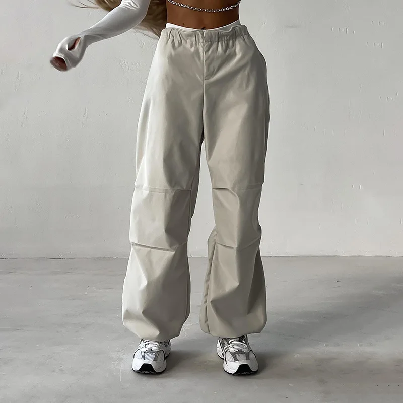

Брюки-карго женские парашютные, винтажные однотонные плиссированные штаны с завышенной талией, на шнуровке, шикарные спортивные брюки-багги для бега Y2k