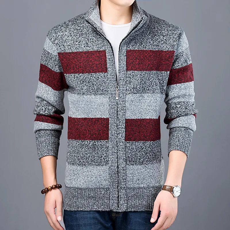 Middle-aged and Elderly Men's Color-blocking High-necked Plus Fleece Sweater Loose Coat Casual Long-sleeved Sweater Cardigan