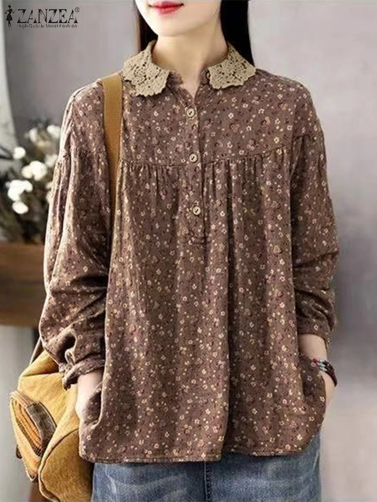 ZANZEA Кружевная блузка с воротником Питера Пэна и цветочным принтом в Корейском