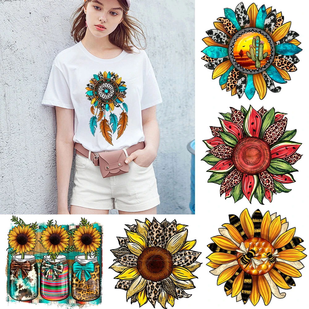 

Дамские модные термотрансферные наклейки с подсолнухами, нашивки для одежды, термонаклейки для одежды, термонаклейки для утюга, футболка «...