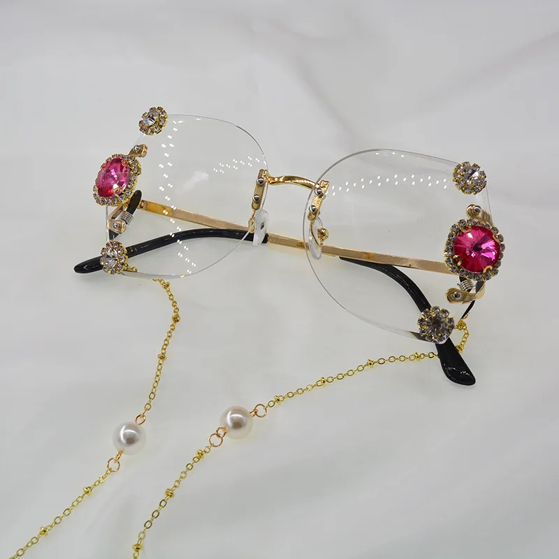 

New Diamond Baroque Sunglasses Women Brand Rimless Frame Beach Chain Pearl Square Sun Glasses for Women Eyewears Oculos De Sol