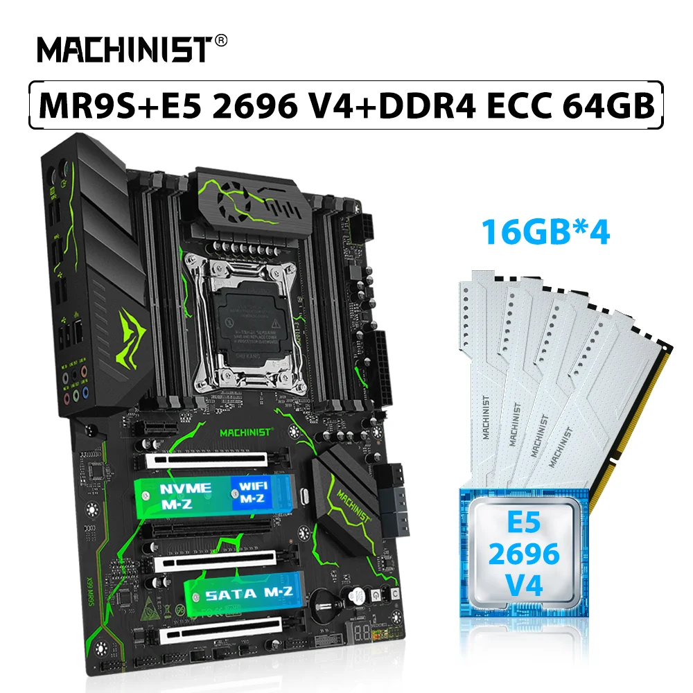 

MACHINIST X99 MR9S Motherboard Set LGA 2011-3 Xeon Kit E5 2696 V4 Processor CPU 4pcs*16GB=64GB ECC DDR4 Memory RAM NVME M.2 SATA