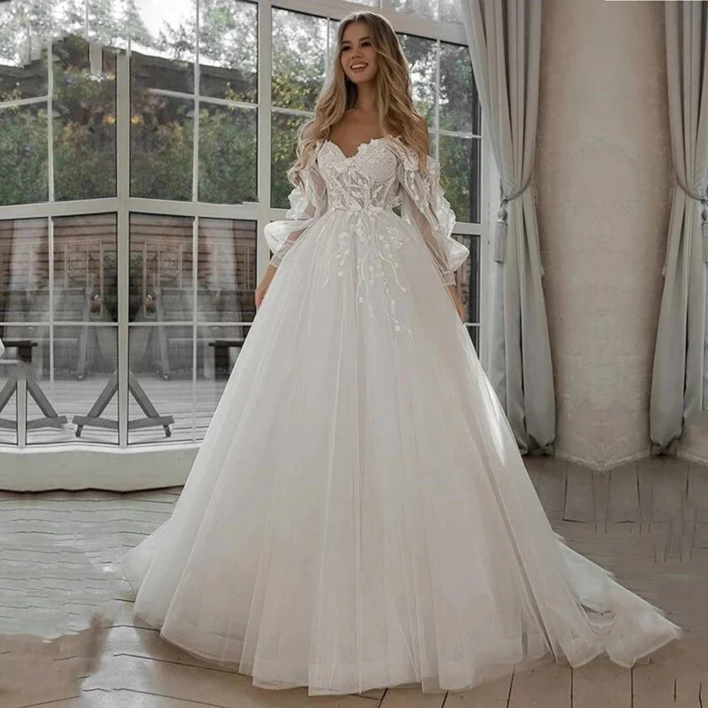 

2024 Fairy Boho Wedding Dresses Lace 3D Flowers Bride Dress Puff Long Sleeve Vintage Wedding Gowns Korean Vestidos de Noiva