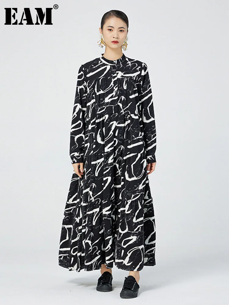 

[EAM] Women Black Printing Big Size Long Shirt Dress New Stand Collar Long Sleeve Loose Fashion Tide Spring Autumn 2022 1DE7599