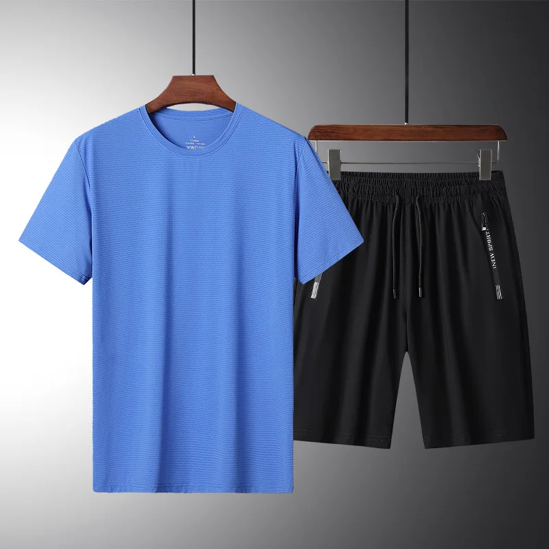 Casual suit men's new summer ice silk short sleeve dad crewneck two-piece set loose half sleeve T-shirt sports cover