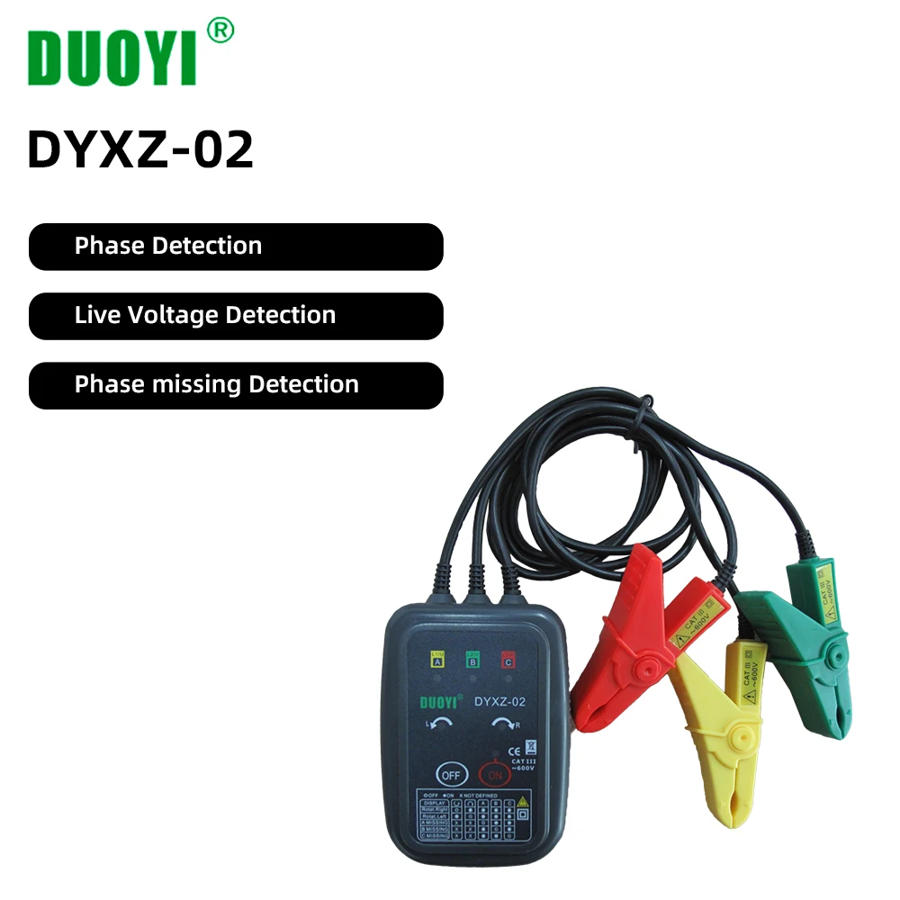 Тестер вращения 3 фаз DUOYI DYXZ-02 с индикатором напряжения, светодиодной лампой, зуммером и детектором последовательности без контакта.