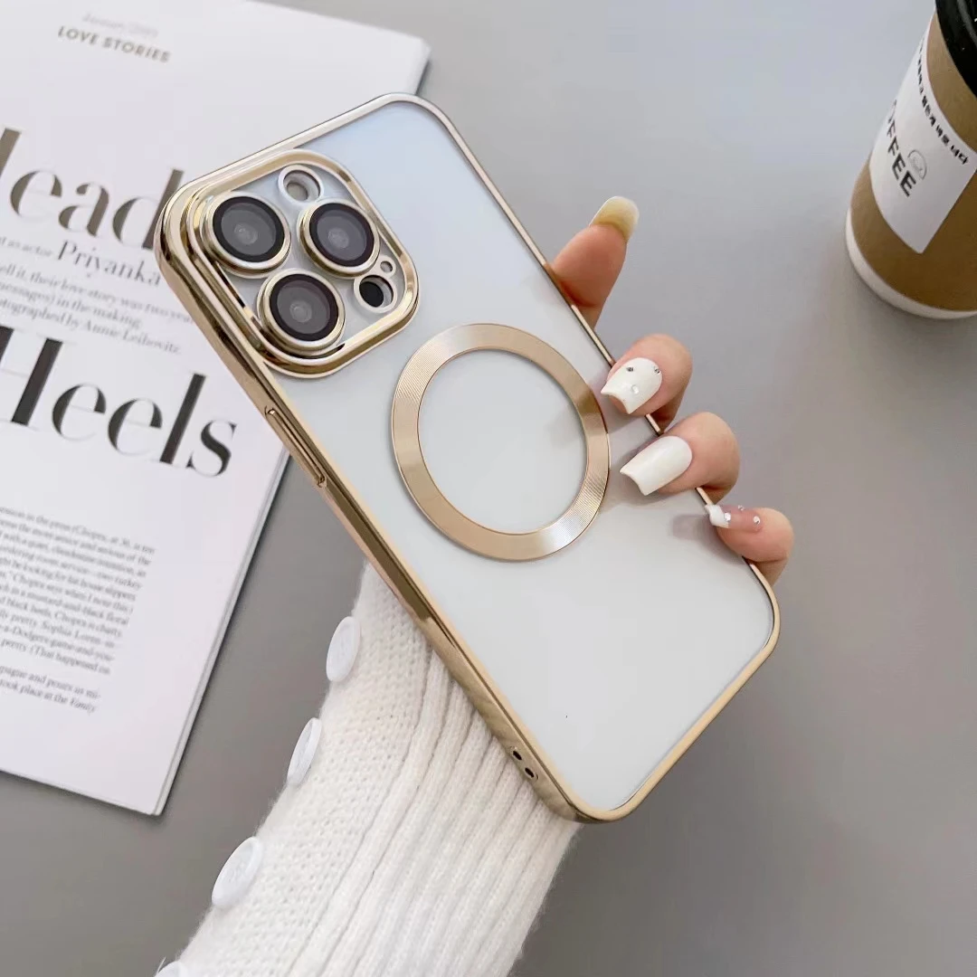 

Gold Luxury Transparent Magnetic For Magsafe Wireless Charging Case For iPhone 14Pro Clear Plating Silicone Cover