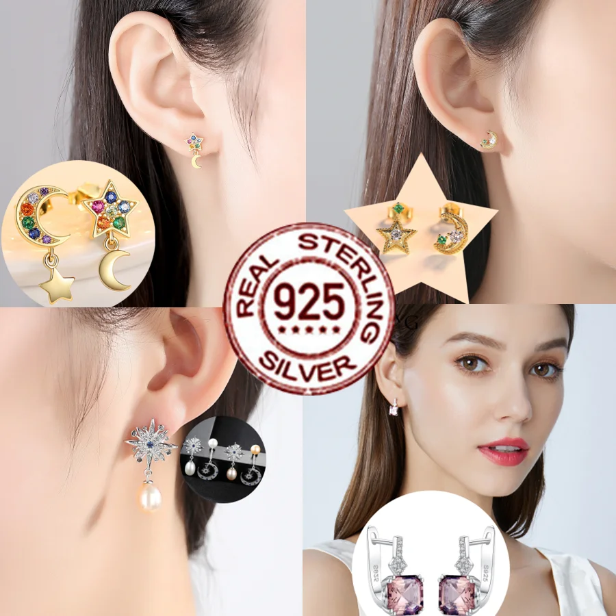 

S925 Earrings star Moon Earring zircon morganite rhinestone freshwater pearl anti allergy Asymmetric fashion fine silver jewelry