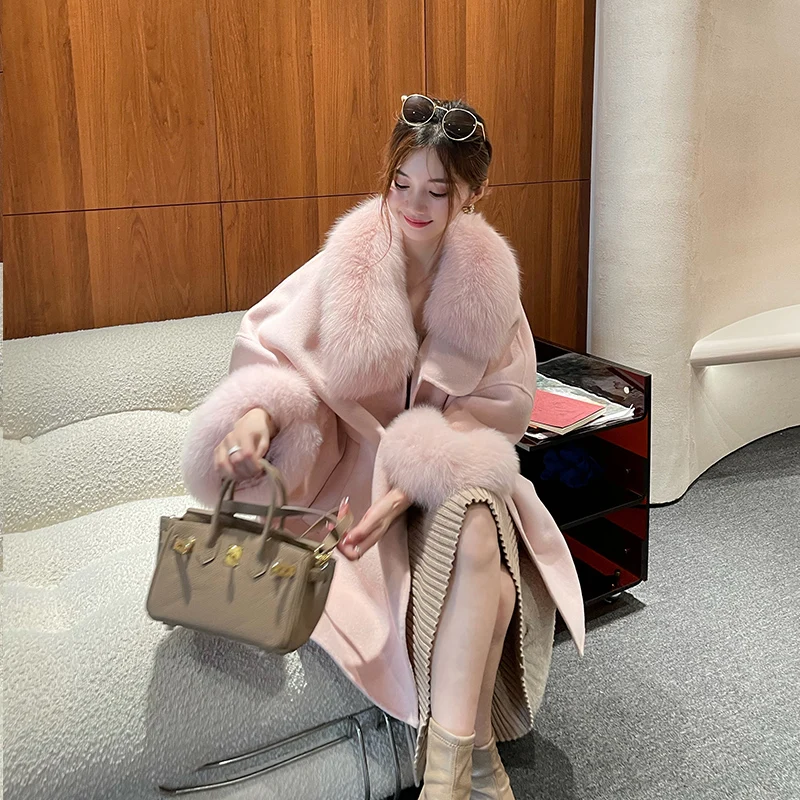 

New 2023 Women Real Wool Fur Coat With Real Fox Fur Collar And Cuff Loose Autumn Female Cashmere Blend Oversized Cloak Outerwear