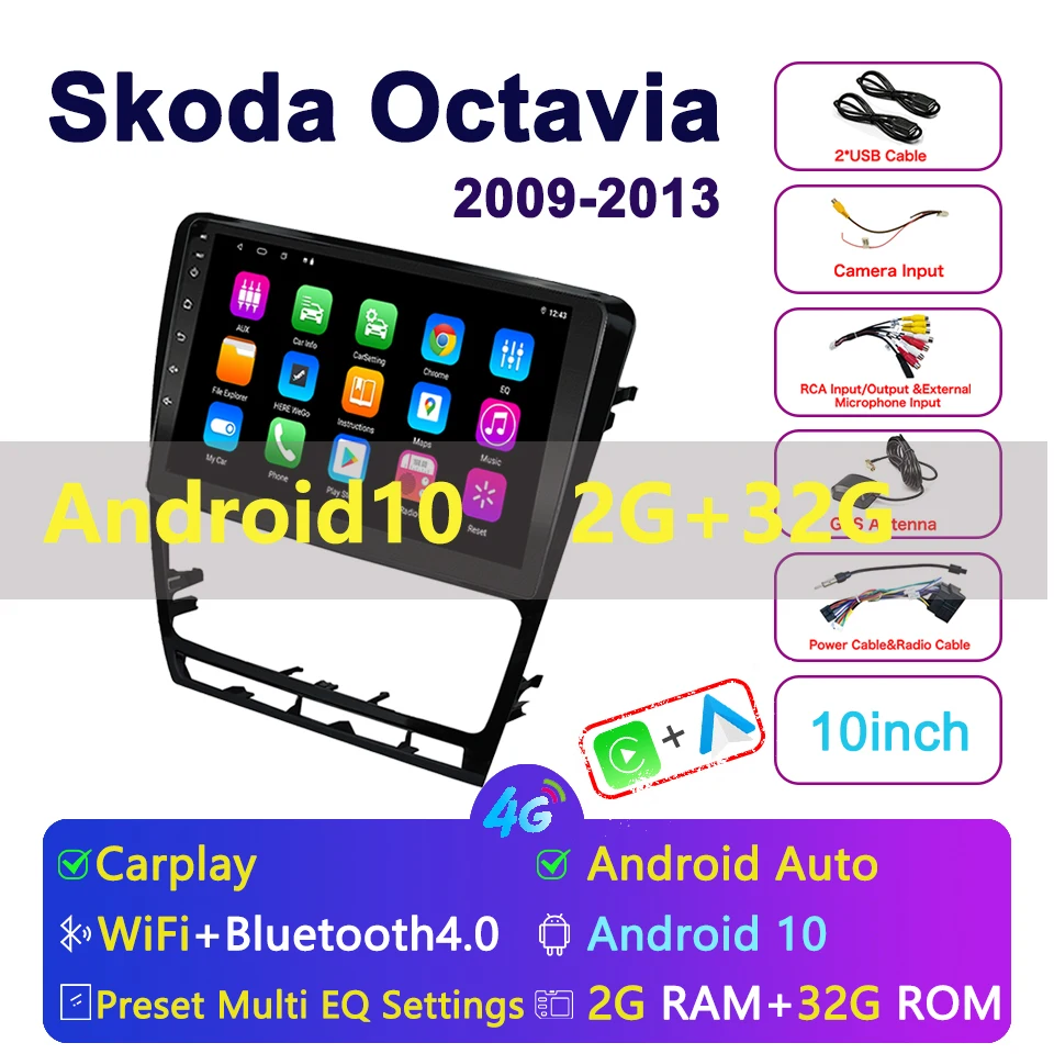 

EZoneTronics Android 10 для Skoda Octavia 2009-2013 автомобильное радио 10 дюймов стерео сенсорный экран GPS навигация Bluetooth 2G + 32G ROM