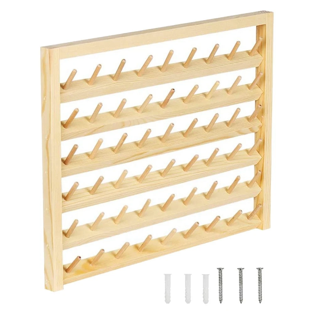 

54 Spool Sewing Thread Stand, Wall Mount Sewing Thread Stand with Hook, Wooden Embroidery Organizer for Sewing