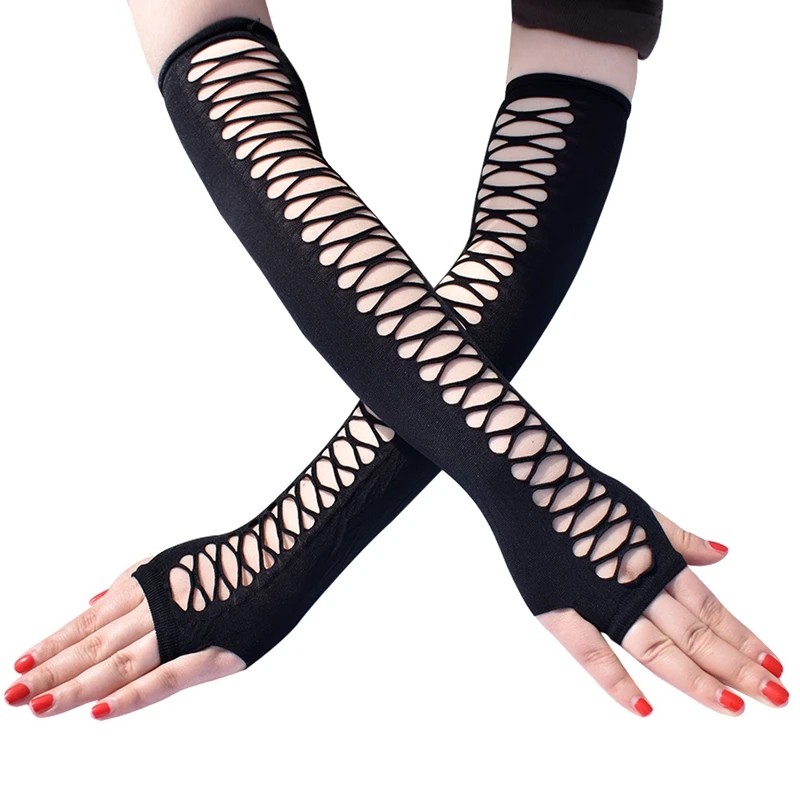 

Women Long Gloves Stretchy Cross Hollow Gloves Sexy Fishnet Mesh Fingerless Gloves Black Mittens Cosplay Arm Covers