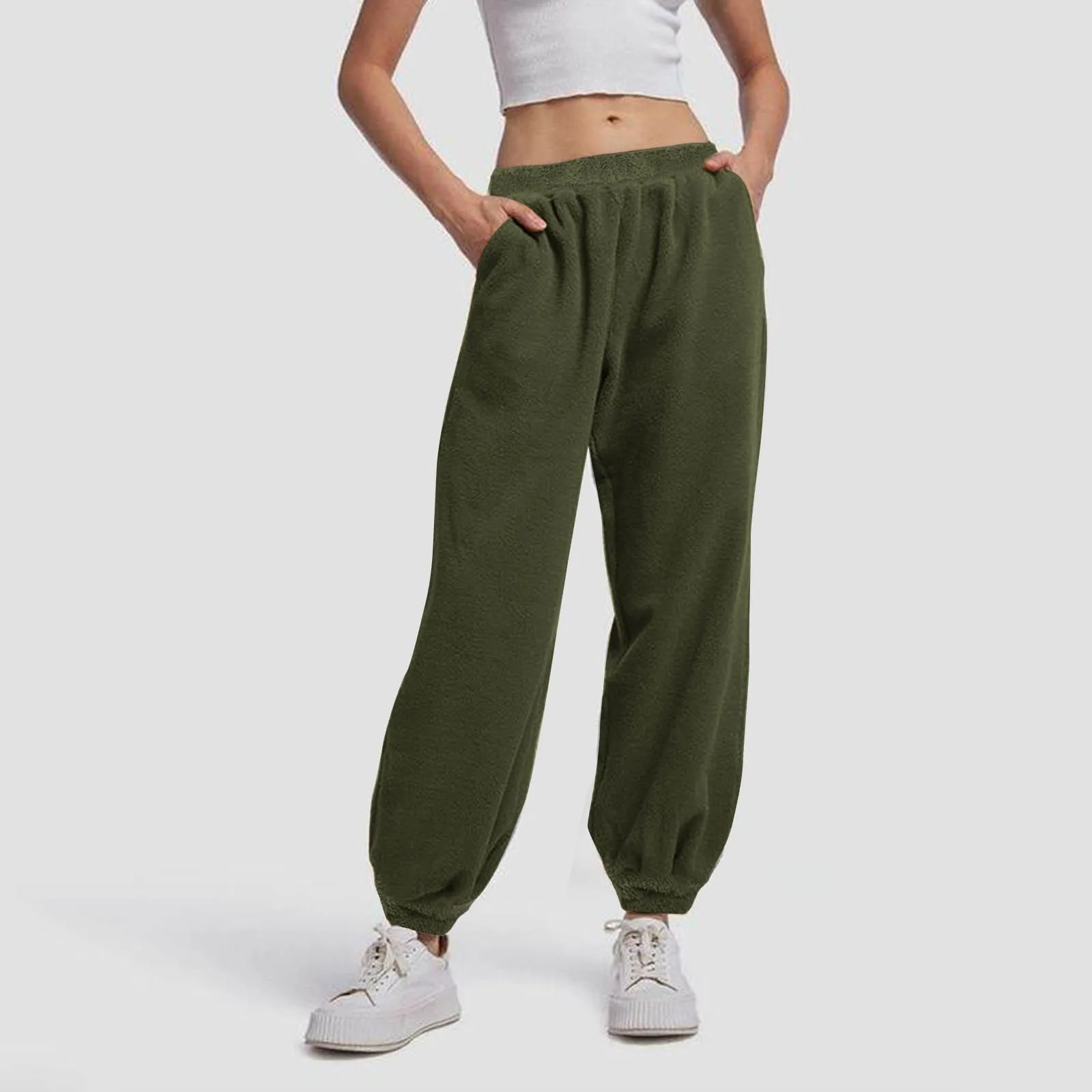 

Women Sweatpants Autumn Winter Solid Color Fashion With Pockets Plush Casual Trousers Elastic Waist Ankle Tied Thickened Pants