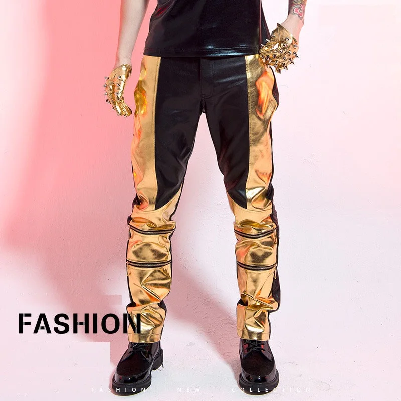 Boy's Man Stage Show Music Festival Dance Troursers Metallic Coating Guitar Show Drum Costumes