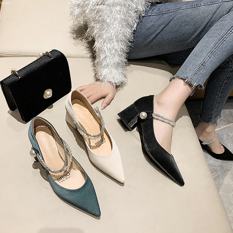 

High heels women thick heels 2022 spring autumn new pointed rhinestone pearl ladies French girls with skirts shoes