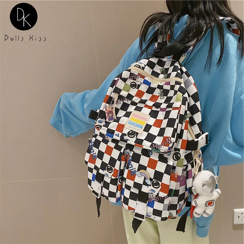 

Cute Japanese School Bag JK Travel Women Backpack Ladies Chessboard Backpack Kawaii Doll Printed Backpack Cute Girls Bookbag