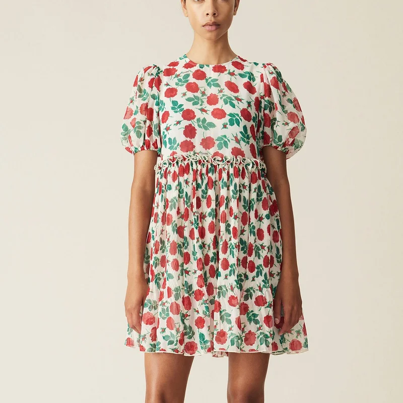 

2022 Summer New Women's Rose Print Mini Dress Ladies Waist Pleated Loose Puff Sleeve Short Robe Birthday Party Dress