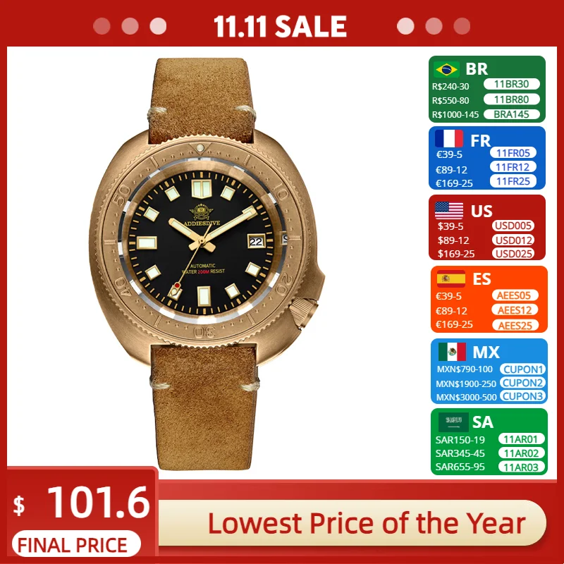 ADDIESDIVE лучший бренд CUSN8 бронзовый корпус мужские часы C3 супер светящийся
