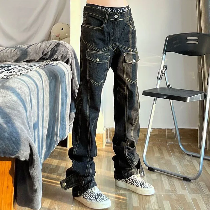 High Street Retro Heavy Industry Washed Zipper Tooling Jeans Men's Hip-hop Style Thin Light Blue Trousers Baggy Jeans