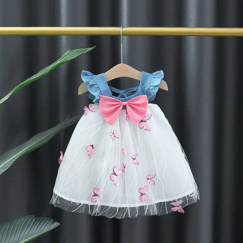 

Baby Girls Denim Tulle Princess Dress Sleeveless Bowknot Butterfly Patchwork A-line Dress for Daily Party Summer Clothing