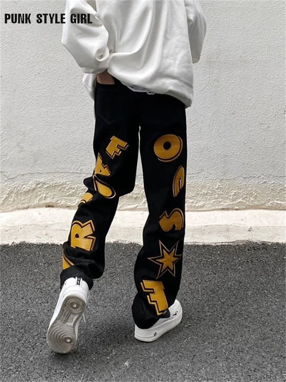 

Fried Street Alphabet Jeans Women Tide Brand Loose Baggy Straight Pants BF Unisex Denim Ultra-elastic Mopping Hip-hop Pants 2022