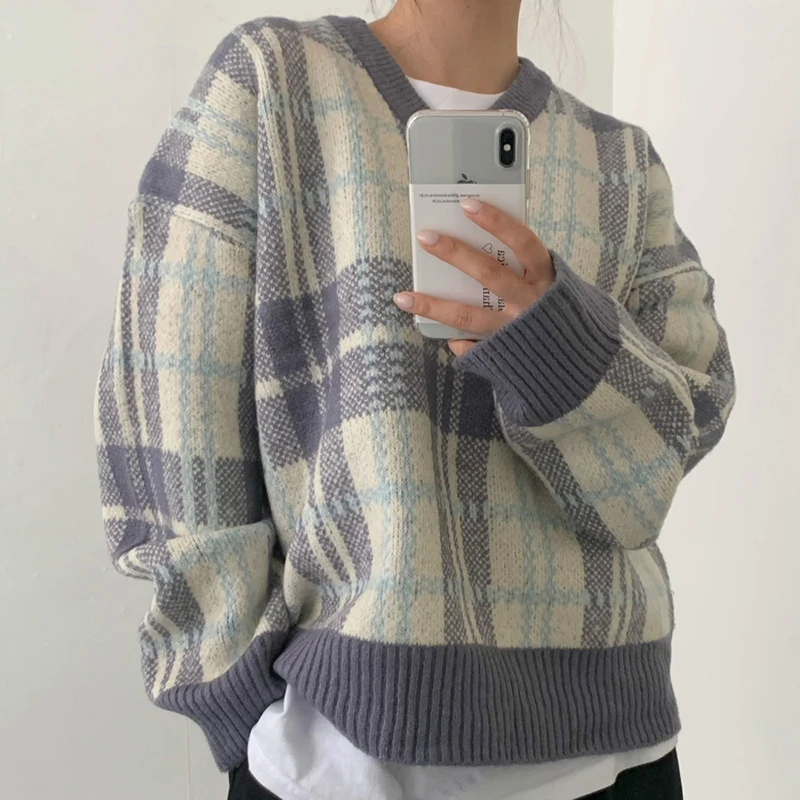 FINEWORDS модный винтажный зимний клетчатый свитер женский вязаный пуловер с