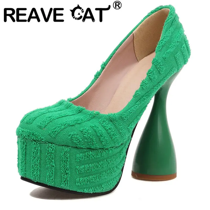 

REAVE CAT 2022 New Ladies Pumps Platform Round Toe Strange 15cm High Heel Flock Slip-on Plus Size 34-43 Solid Green Orange S3855