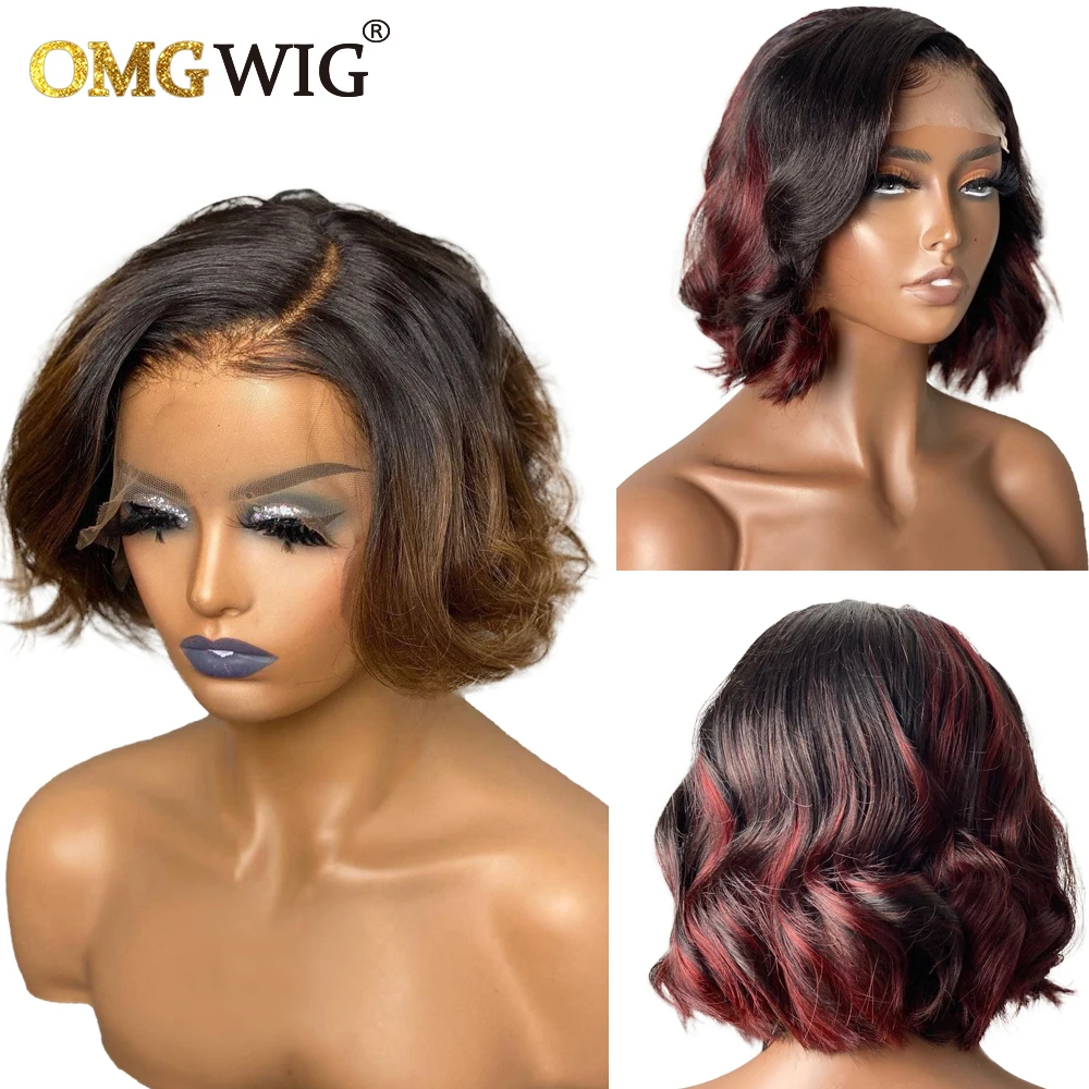

Loose Wave Short Bob Wigs For Black Women 4x4 Lace Closure Wig Human Hair Ombre Brown Curly 13x4 Lace Frontal Wig 1B99J Burgundy