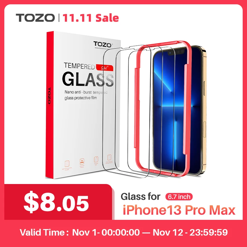 

TOZO 3 Pcs Screen Protective for iPhone 13 Pro Max 6.7 Inch 0.26mm 9H Hardness 2.5D Mobile Phone Tempered Glass Protector