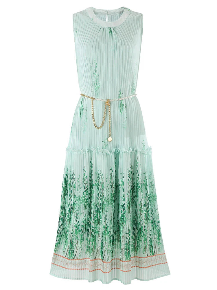 GVUW плиссированное платье с принтом женское круглым воротником без рукавов на