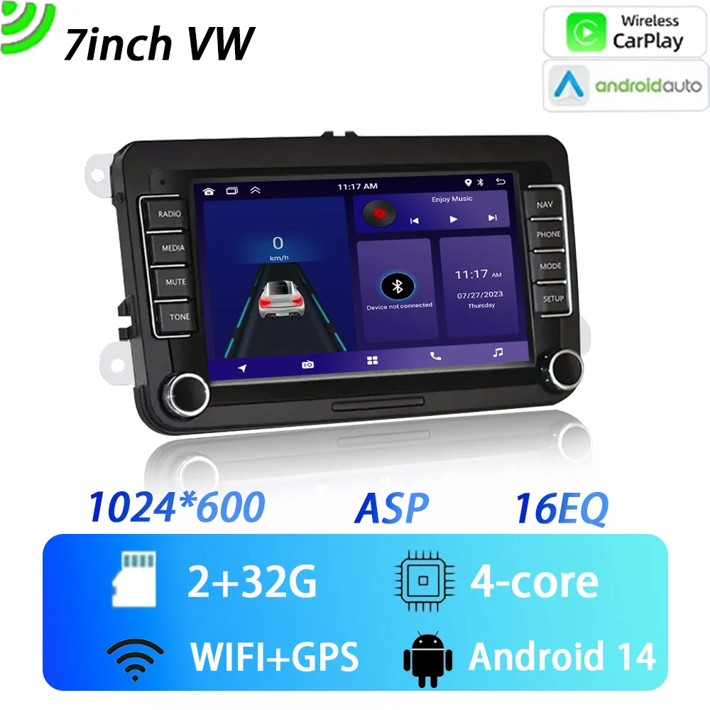 

7-дюймовый Автомобильный Мультимедийный Плеер VW Android 14, 6 ГБ ОЗУ, 128 ГБ ПЗУ, GPS NAVI, Wi-Fi, Apple Carplay