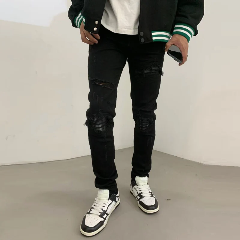 Streetwear Fashion Brand Men Jeans Elastic Leather Patched Designer Ripped Jeans Men Black Stretch Skinny Trousers Hip Hop Pants