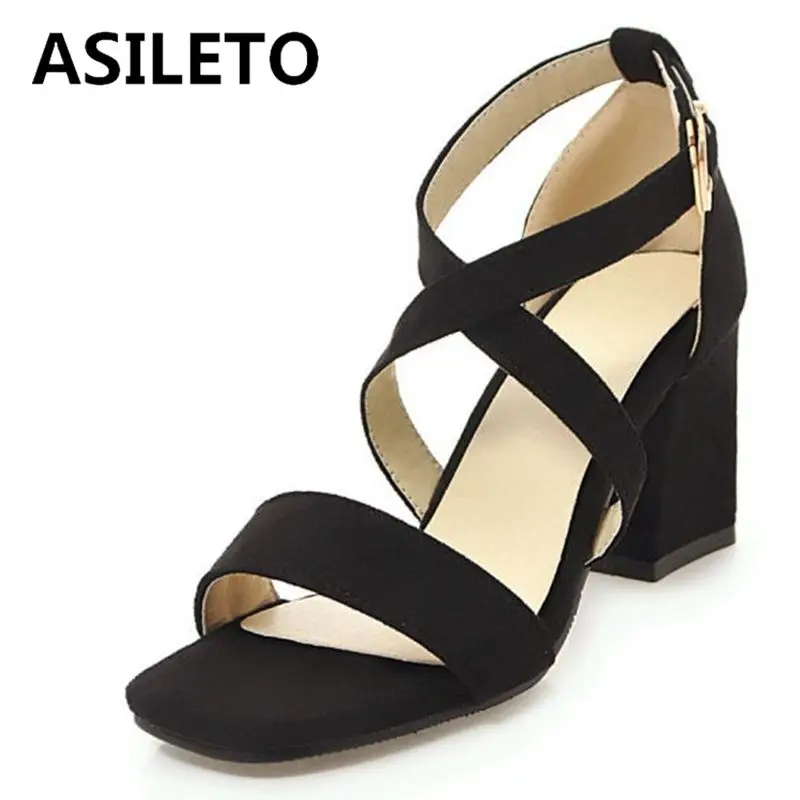 

ASILETO 2022 Women Sandals Peep Toe Flock Cover Heels Cross Buckle Strap Daily Big Size 32-43 Red Black Concise Summer S3721