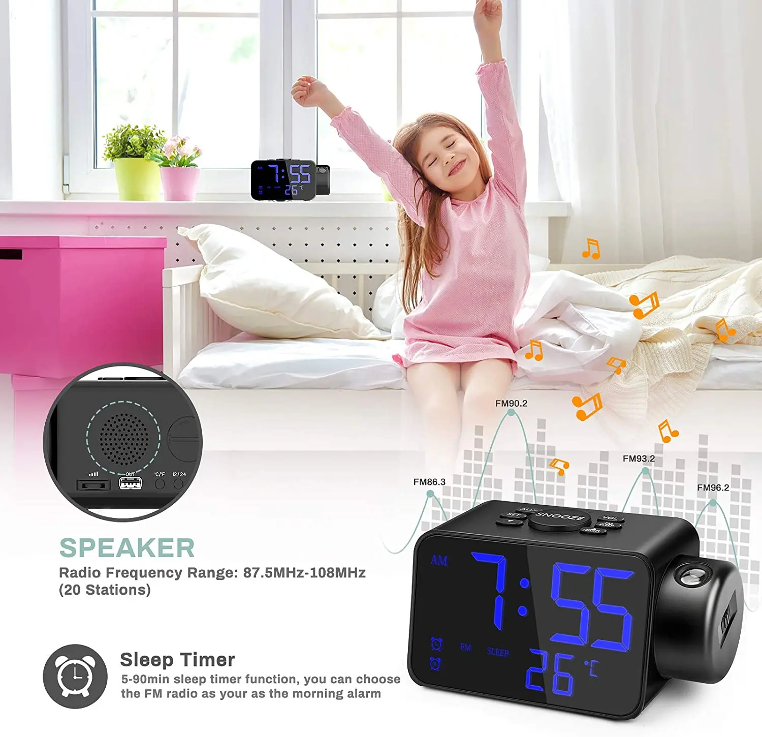 Проекционный будильник с FM-радио светодиодный цифровой проектор настенный 180