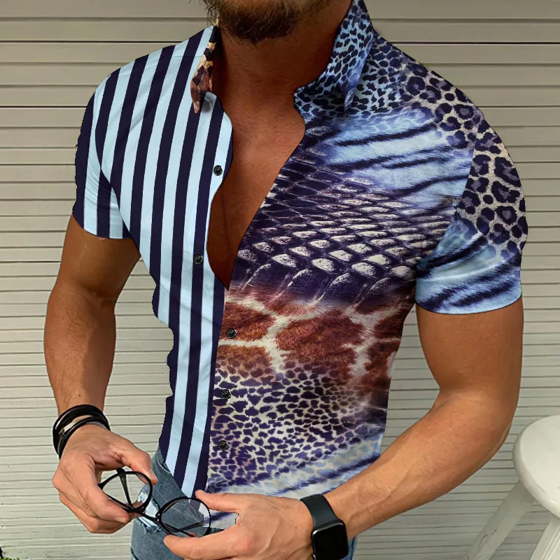

Mens Striped Patchwork Vintage Shirt New Summer Men Hawaiian Casual Print Beach Short Sleeve Shirts Man Chemise Hawaiienne Homme