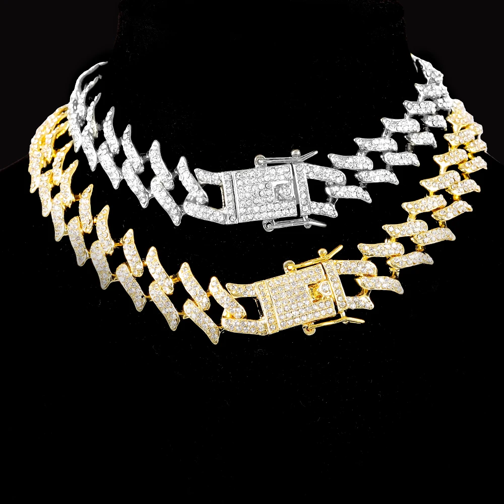 

16mm Thorn Shape Cuban Link Chains Mens Hip Hop Chain Necklace Iced Out Bling Necklace Men Fashion Jewelry Sets Collar Hombre