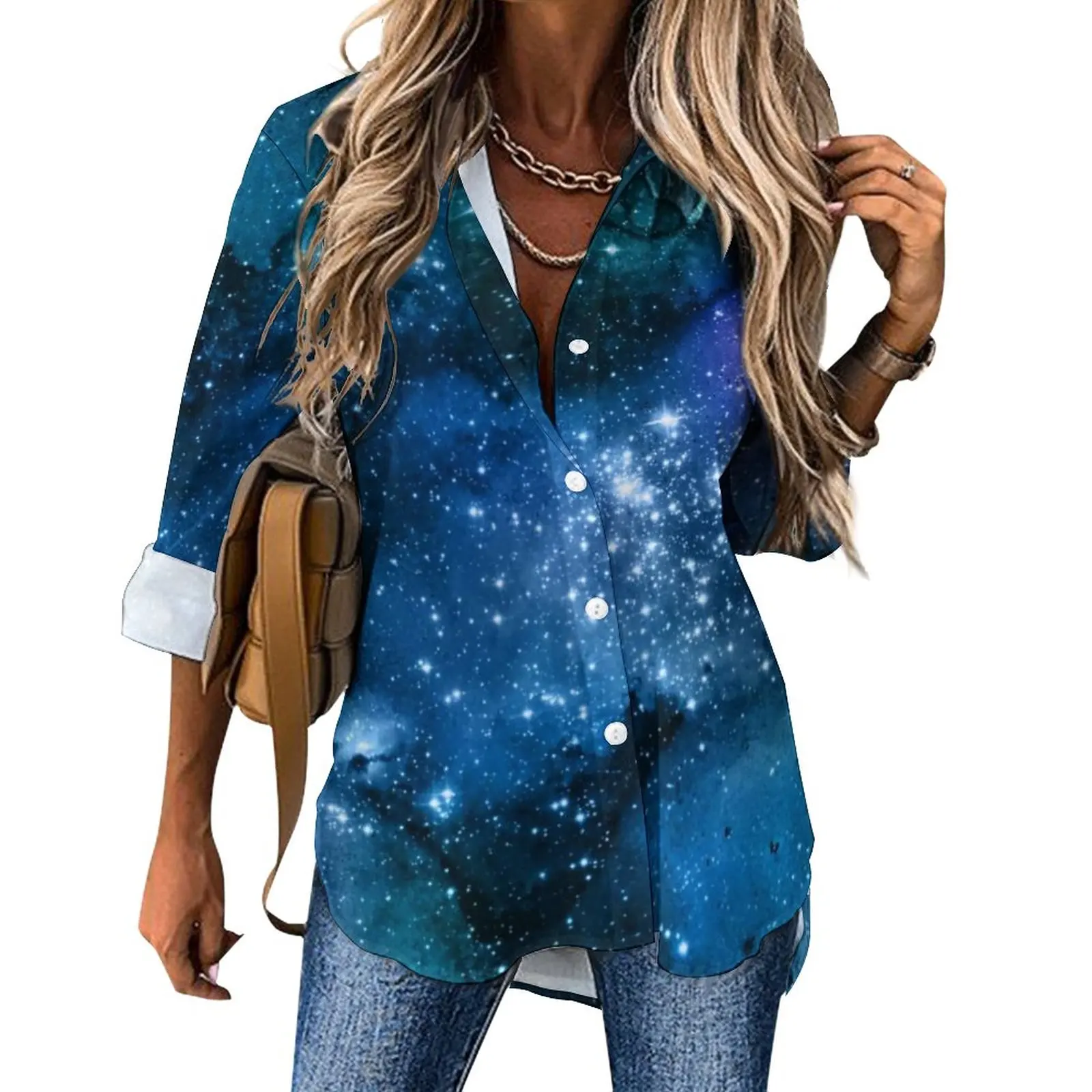 

Женская блузка с длинным рукавом, голубое, белое, блестящее, повседневное, оверсайз