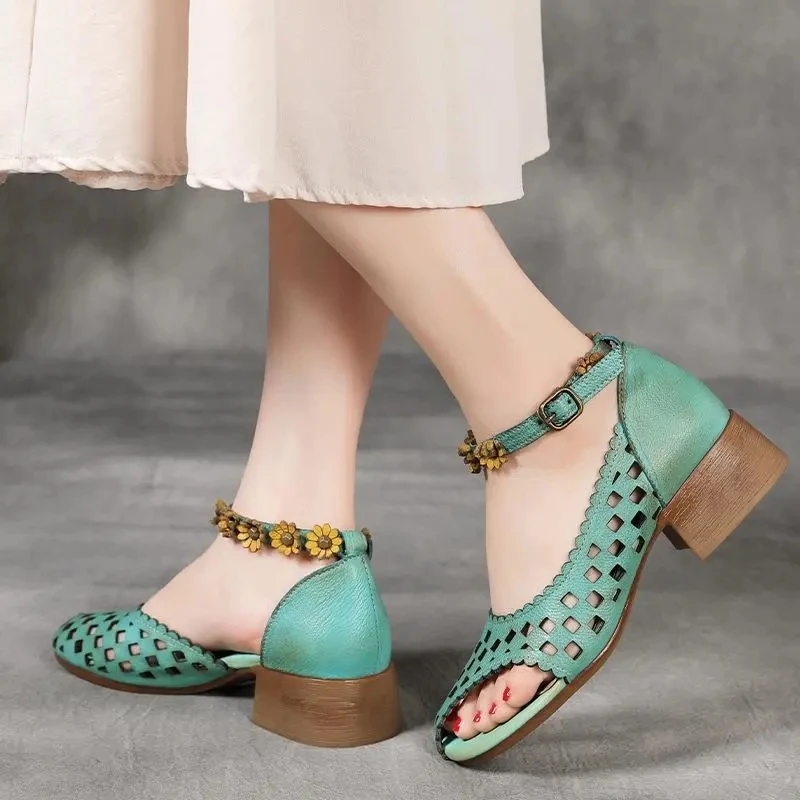 

2022 Summer New Original Hand-Rub Color Retro Artistic Style Sandals Hollow Peep Toe Open Toe Women's Flower Shoes