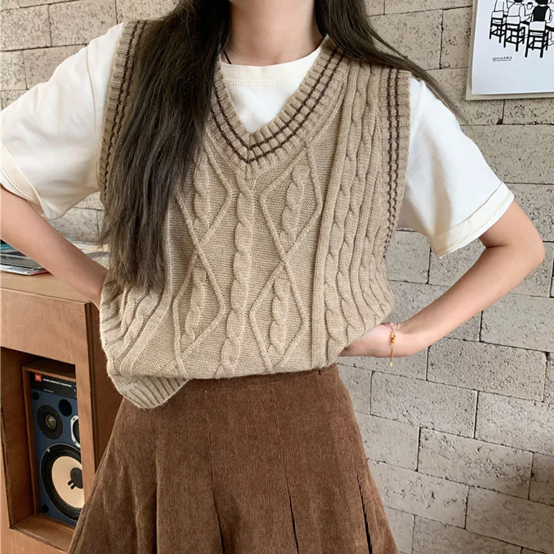 

Женский короткий свитер без рукавов, повседневный Полосатый пуловер абрикосового цвета с V-образным вырезом, 23554