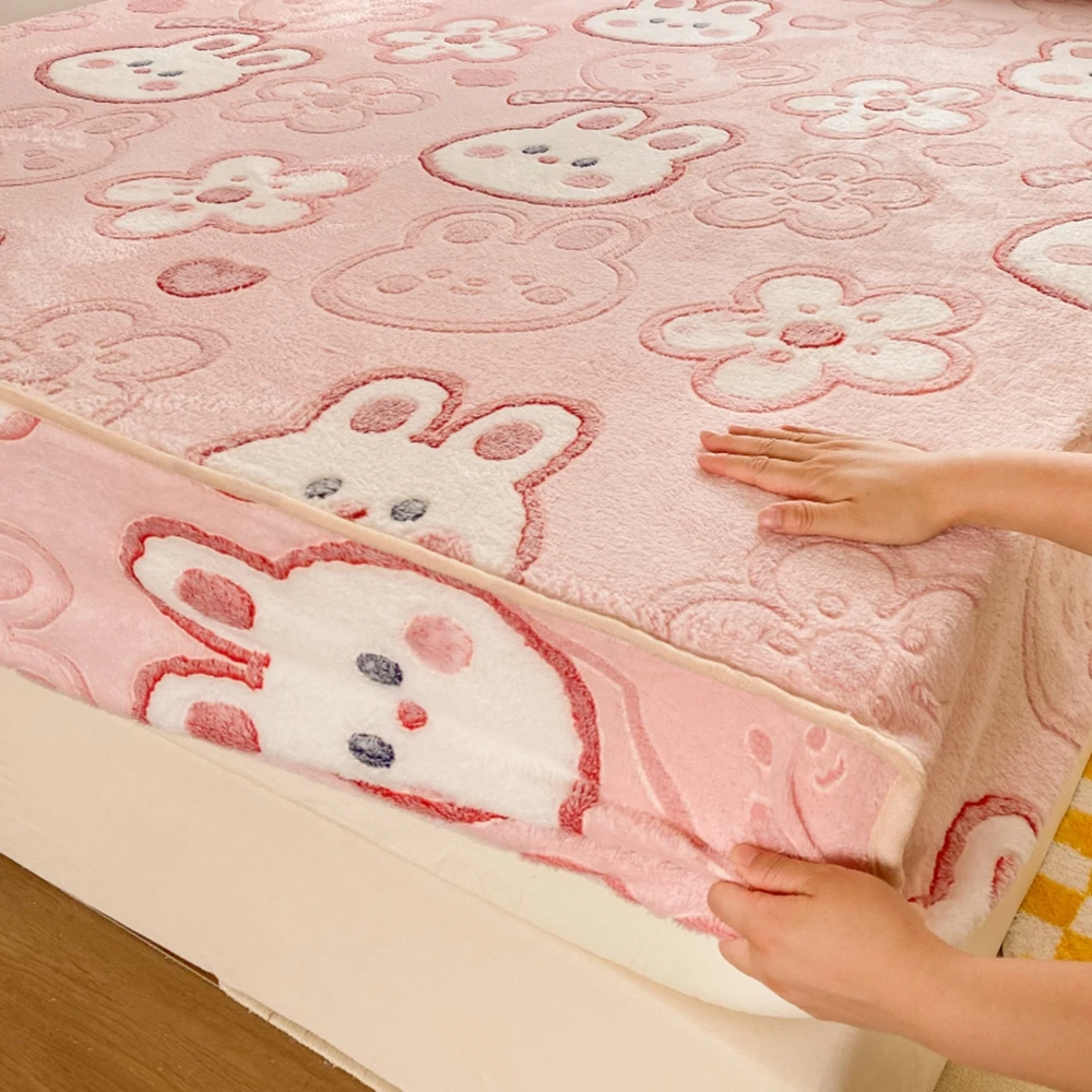 Home Bed Linen Winter Pink Rabbit Children's Room Bedding Set  All-Around Elastic Warm Crystal Velvet Fitted Sheet Mattress Cove images - 6