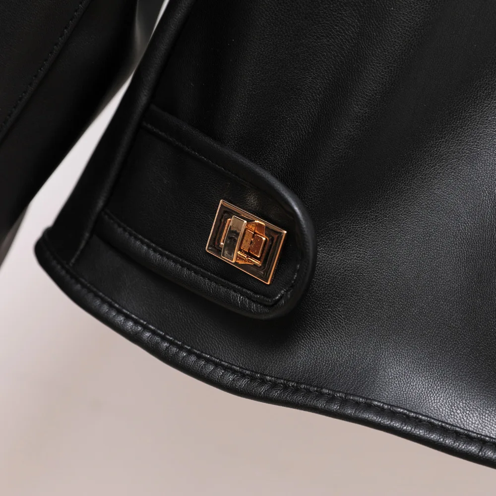 2023 Soft leather crew neck coat single breasted short style temperament women's leather jacket