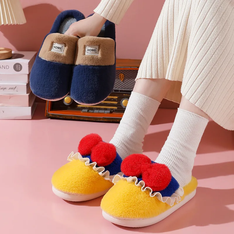 Cotton Slippers Female Male Autumn Winter Shoes Cute Bow Couples Home Indoor Slides Non-slip Warm Plush Ladies Cartoon Slipper