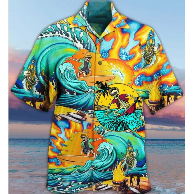 

New Skeleton Men's Shirt Short Sleeve Cuban Style Oversize Hawaiian Tops 3D y2k Clothes Summer Vacation for Men And Women