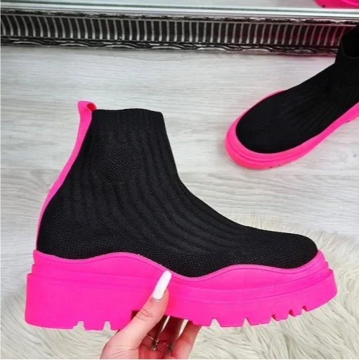 Women Ankle Boots Knitted Sock Platform Female Slip-on Ladies Casual Comfortable Concise Fashion 2023 New Studens Short Boots