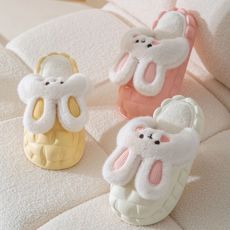 

2022 Cartoon Rabbit Women Fur Slippers Warm Plush Couples Cotton Shoes Non-Slip Water Proof Home Thick Sole Fluffy Slides Men