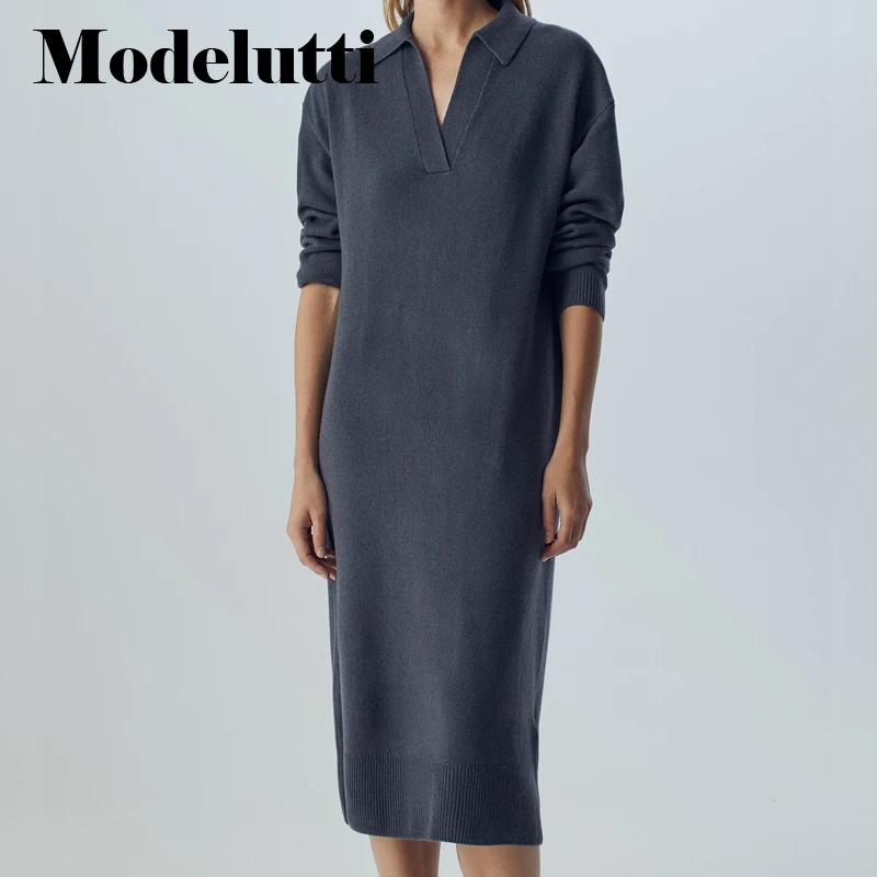 

Modelutti 2022 New Spring Autumn Temperament V-Neck Midi Knitted Dress Fashion Solid Color Simple Casual Straight Dress Women